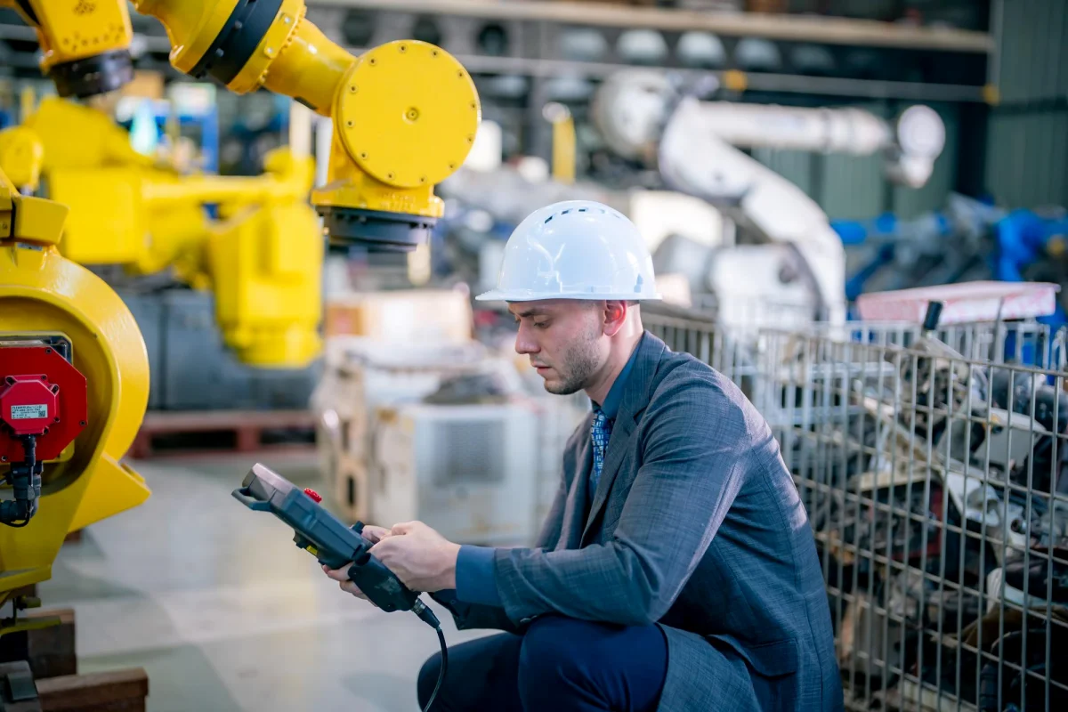 Sárga ipari robotkar gyári automatizálási környezetben