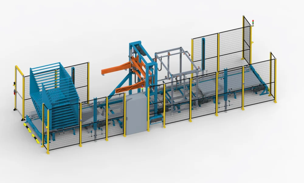 Ipari automatizált cella kék védőkerítéssel 3D modell